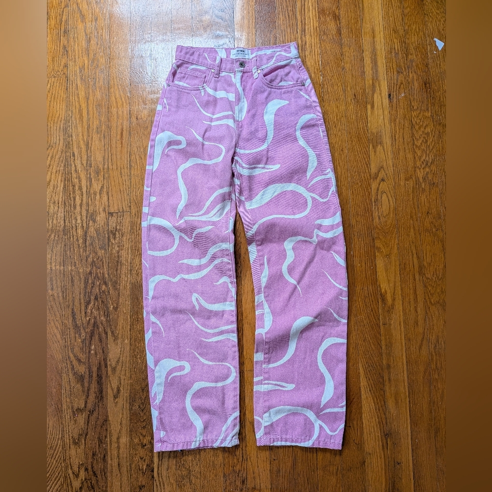 Cotton On Loose Straight Jeans Womens 6 Pink‎ White Y2K Printed Dopamine Funky